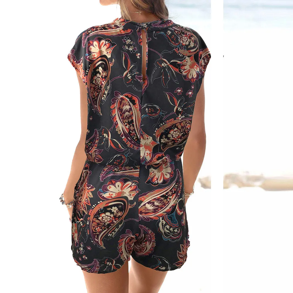 شحن النعامة إمرأة الصيف Clubwear الخامس الرقبة أكمام Playsuit طباعة ارتداءها حزب بذلة الأزياء بذلة للنساء 2019 جديد