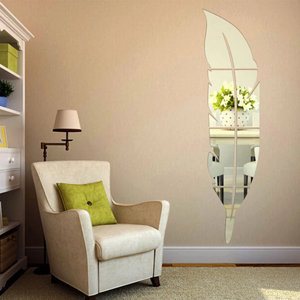 Красивая в форме пера Наклейка на стену домашняя спальня гостиная 3D зеркальная поверхность настенная декоративная наклейка s