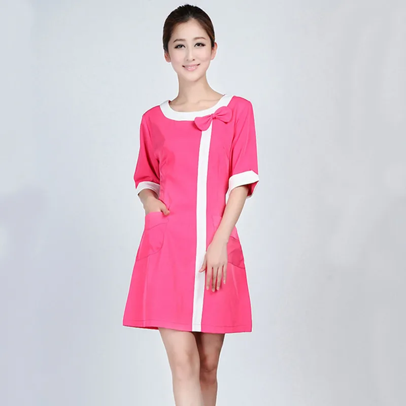 2 цвета медицинская Униформа форма медсестры одежда для женщин короткий рукав медицинская одежда медицинская форма женское платье для работы - Цвет: rose red