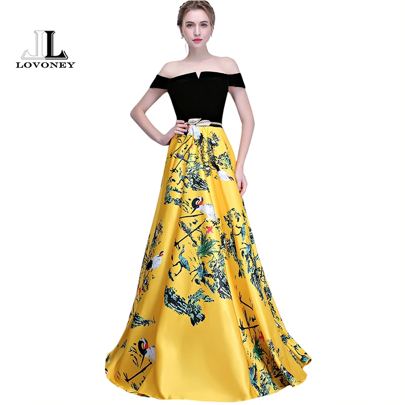 LOVONEY Flower Pattern Evening Dress Long Vintage Prom Party Dresses Evening Gown Women Formal Occasion Dress Floor Length YS402