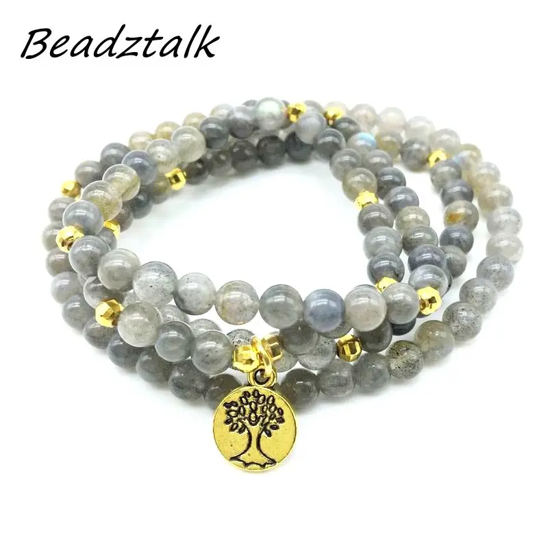 

Mala Stone Beads Labradorite Charm Bracelet Tree Charm Necklace Gold Color Yoga Bracelet Drop Shipping