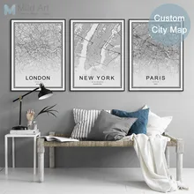 Póster de pared de salón con imágenes artísticas en lienzo para decoración del hogar de París, Londres, Nueva York, negro, blanco, personalizado, mapa de ciudades del mundo