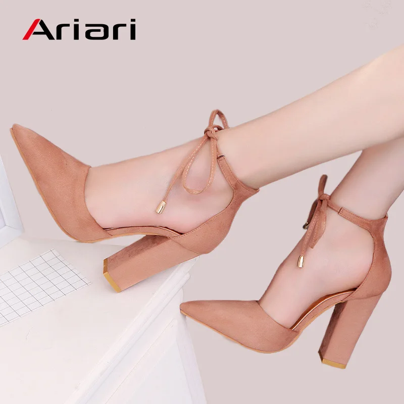 

Ariari 7 Colors Pointed Toe Strappy Pumps Sexy Retro Thick High Heels Pumps Elegant Flock Lace Up Shoes 2018 Fashion Woman Shoes
