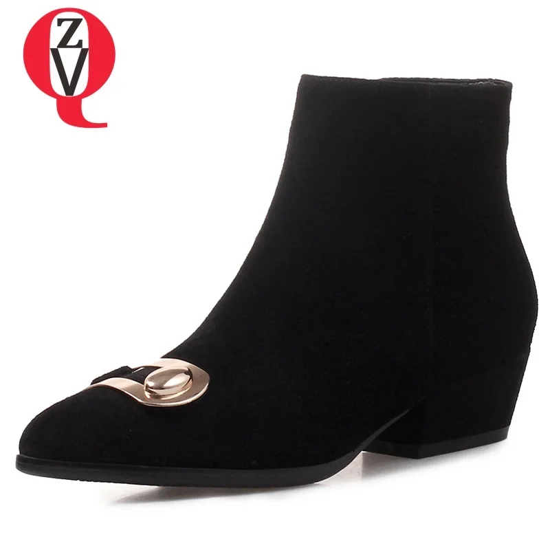 

ZVQ women shoes 2018 new casual hot sale metal decoration pointed toe cow suede med spike heels zip black and purple ankle boots