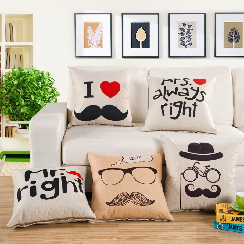 Mr right Mrs always right Moustache Cotton Linen Cushion Cover 18 x18 Square Decorative Pillowcase for