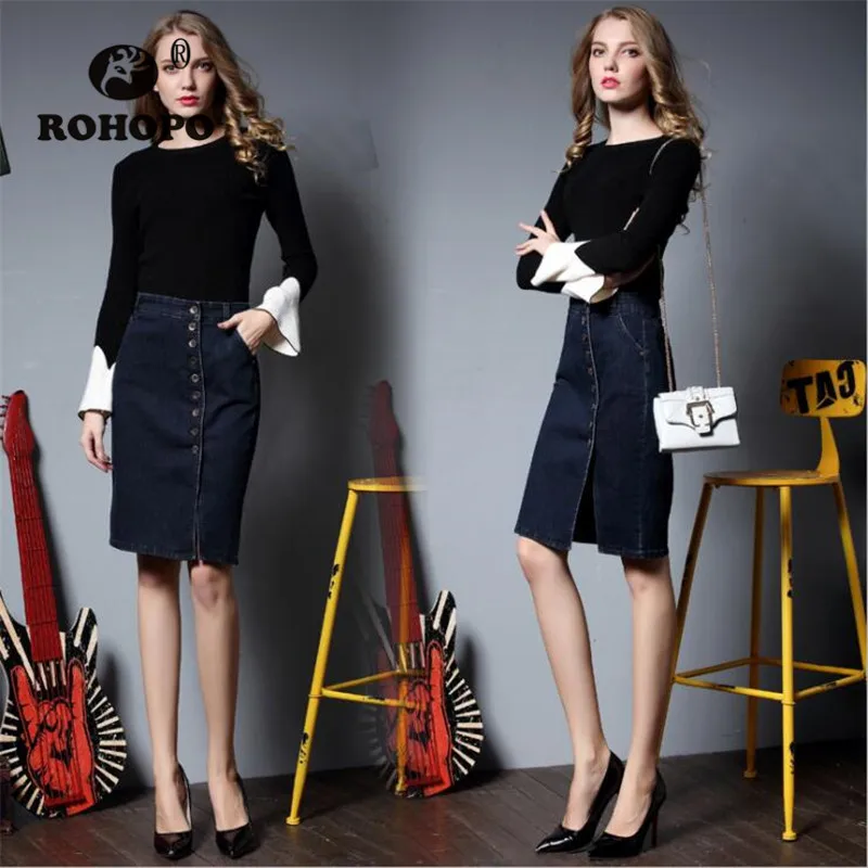 

Single Buttons Denim Skirt Women High Waist Office Ladies Straight Knee Length Empire Denim Skirts Black Deep Blue Vintage