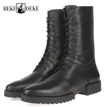 Мужские ботинки до середины икры на шнуровке в байкерском стиле; зимние натуральные кожаные военные ботинки для безопасности; мужские ботинки для верховой езды на среднем каблуке