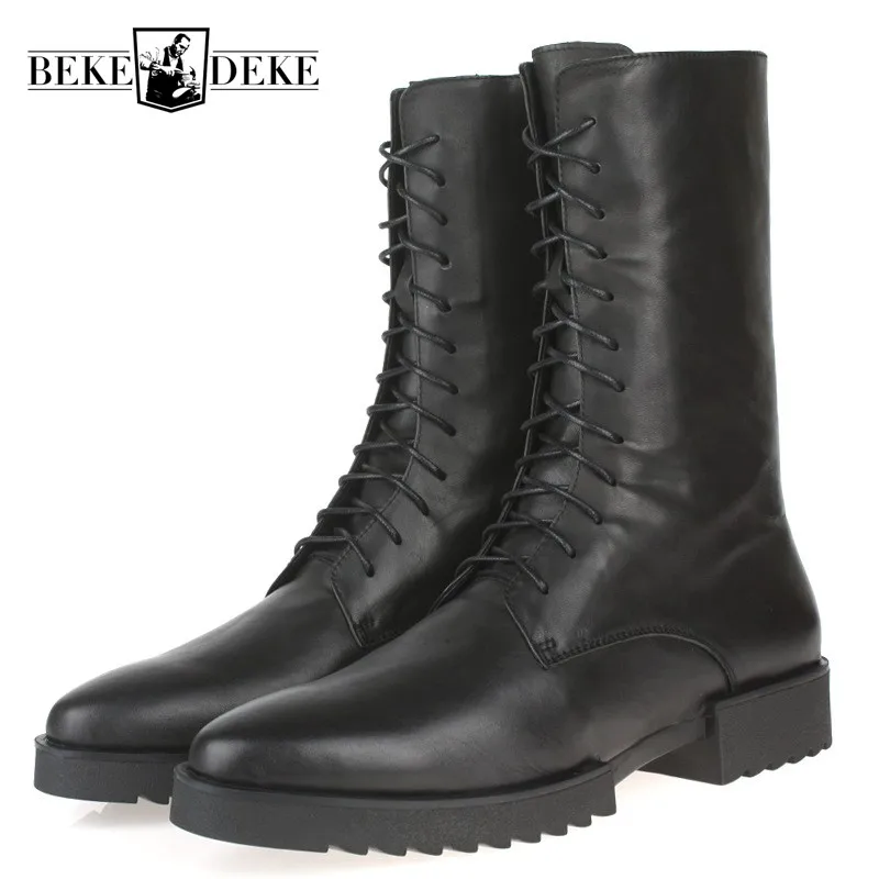 mid calf lace up biker boots