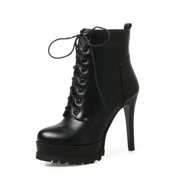 

Ankle Boots for Women Platform High Heels Boots Lace Up Boots Winter Autumn Black Red Army Green Stiletto Boots Plus Size 2019