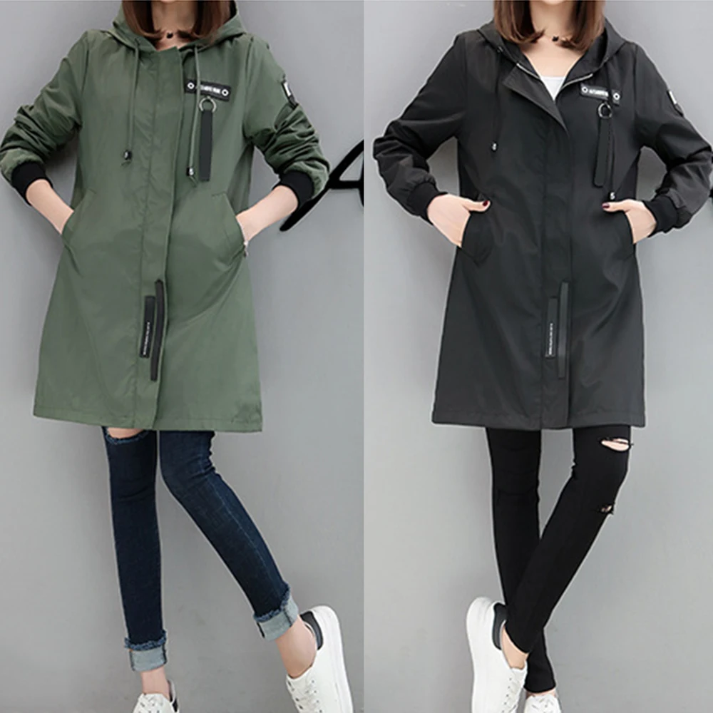 

New Women Spring Autumn Trench Coat Causal Long Sleeve Hooded Medium Long Army Green Female Overcoat Feminino Coats
