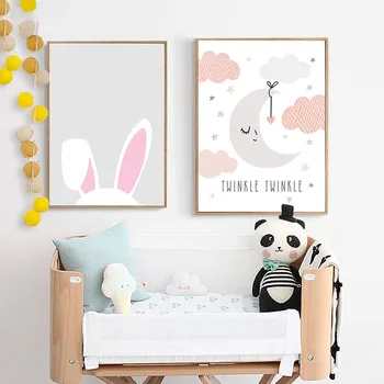 

Canvas Painting Baby Room Posters And Prints Kids Room Animal Nursery Prints Pink Rabbit Elephant Picture Wall Art Unframed