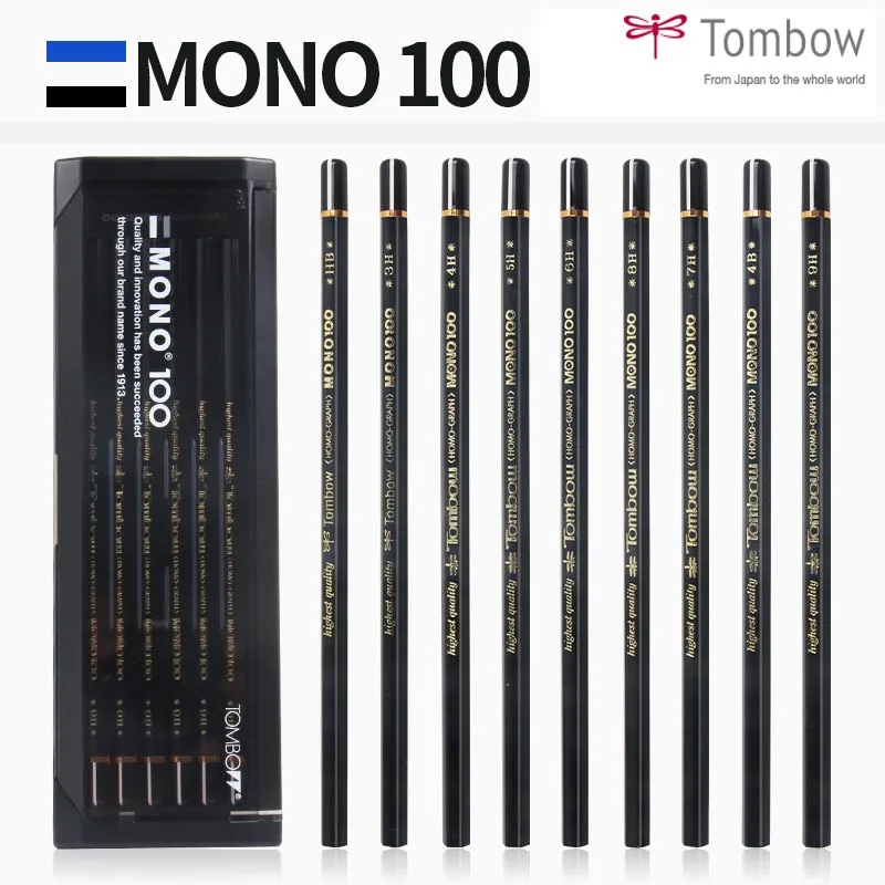 Набор профессиональных карандашей для рисования Tombow MONO 100, 12 шт., чехол, художественный графитовый рисунок, наброски, иллюстрации, инженерное письмо