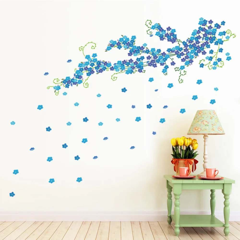 Blue Flying Flowers Wall Stickers for Living Room Bedroom Home