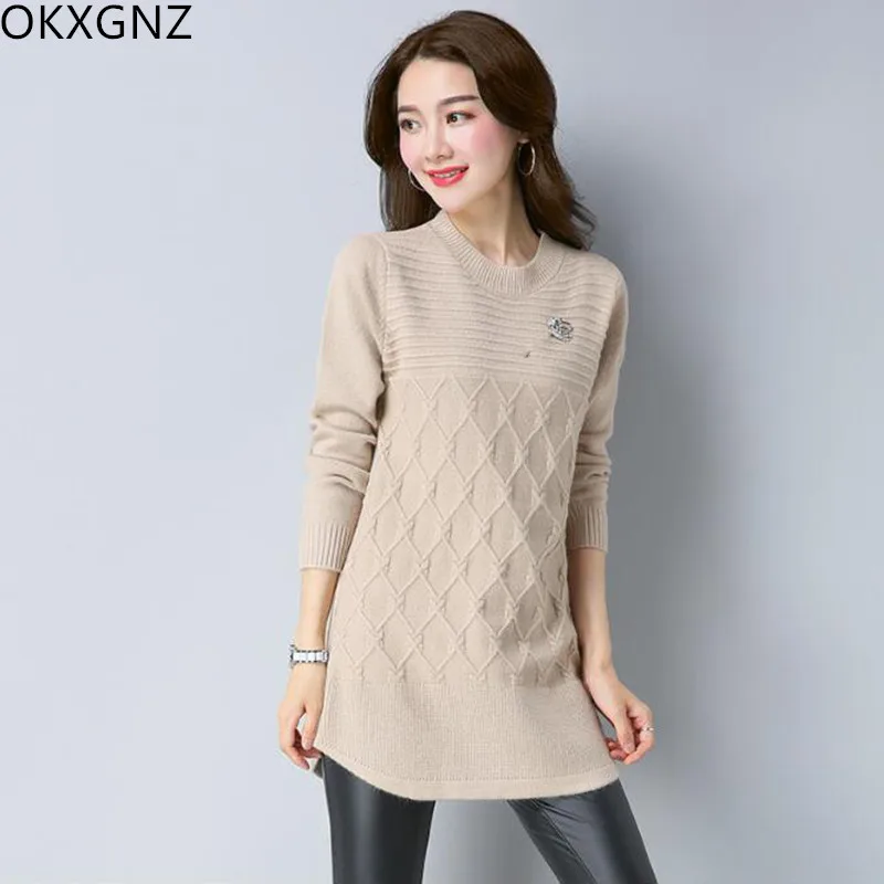 

Winter Large Size Women's Korean Round Neck Long Sleeve Head Long Knit Sweater Loose Fresh Elegant Sweaters S-3XL OKXGNZ A257