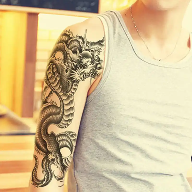 Half Army Dargon Soldier Black Temporary Tattoo Stickers For Men Full Body Art Arm Sleeve Tattoo Large Waterproof Tatoo Girl Temporary Tattoos Aliexpress