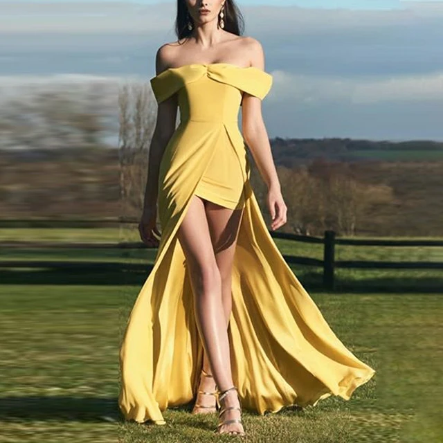 

Women's dress Yellow Sexy Boat Neck Off-shoulder Front Split dresses solid color ladies elegant retro A-line evening party Dress