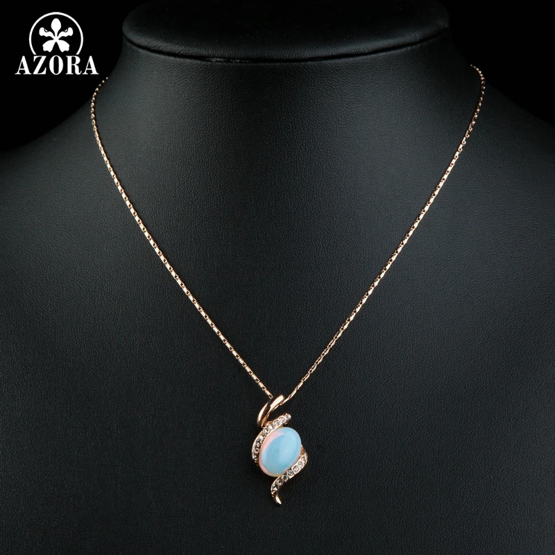 AZORA Luxury Charming Rose Gold Color Snake Shape Crystals Necklace for Women Oval Resin Pendant Necklace Party Jewellery TN0224