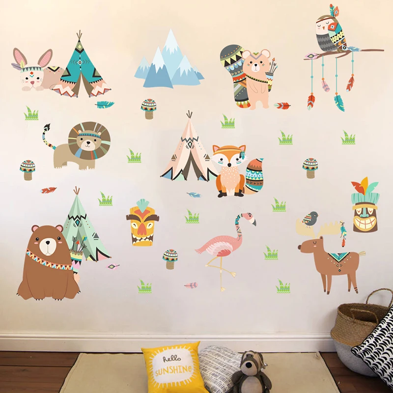 Funny Animals Indian Tribe Wall Stickers For Kids Rooms Home Decor Cartoon Owl Lion Bear Fox Wall Decals PVC DIY Mural Art
