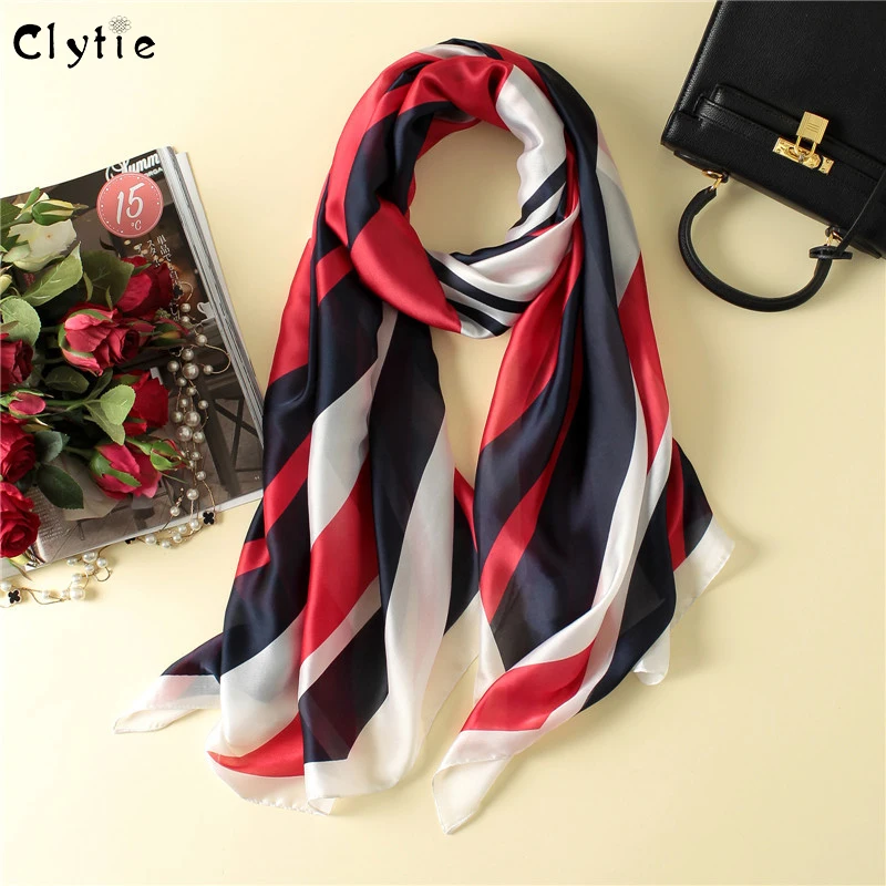 CLYTIE New Style Women Silk Big Scarf Fashion Designer Striped Printing