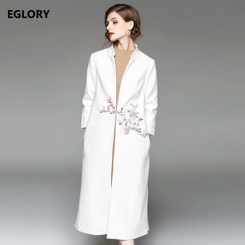 2017 Autumn Winter Long Wool Coats Women Floral Embroidery Plus Size