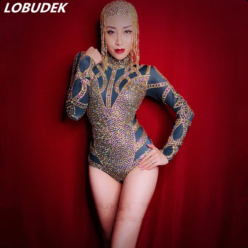 

Gold AB Rhinestones Bodysuit Sexy Nightclub Lady DJ Singer Stage Outfit Bar Party Performance Dance Costume Long Sleeve Bodysuit