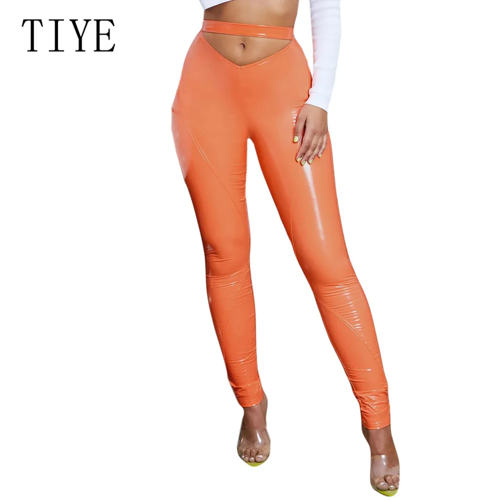 

TIYE Orange PU Leather Trousers Ladies Casual High Waist Three-dimensional Cut Slim Pants Summer Elegant Bodycon Bandage Pants