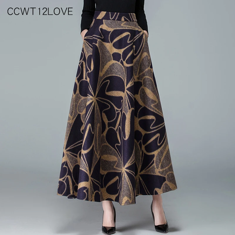 

Long Winter Skirt Women High Waist A Line Floral Print Skirt Maxi Warm Zipper Big Swing Casual Skirts for Women 2019 Jupe