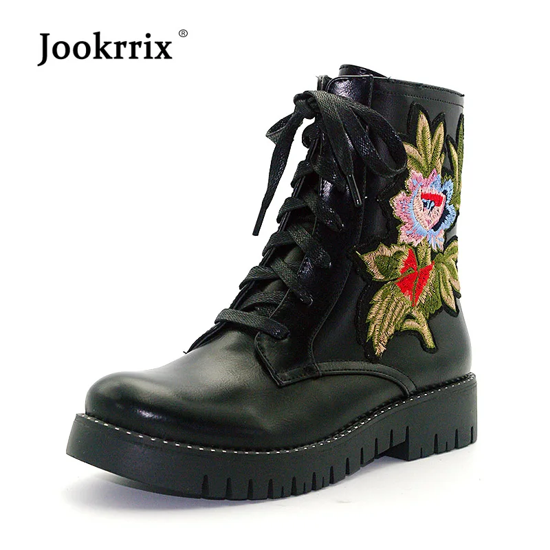 

Jookrrix 2018 Western Style Shoes Women Fashion Brand Martin Boot Lady Cross-tied Female foootware Embroidered Black Ankle Boots