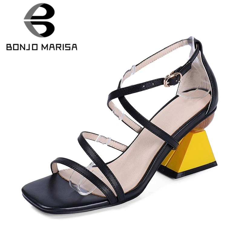 

BONJOMARISA Brand New Luxury Genuine Cow Leather Cross Strap High Heels Women Shoes Woman Casual Party Ol Summer Sandals