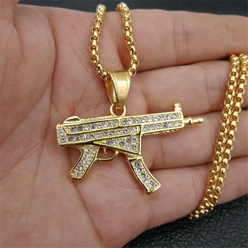 

Hip Hop Iced Out Gun Pendants & Chain For Men Gold Color Stainless Steel Military Necklaces Male Cool Jewelry XL1144