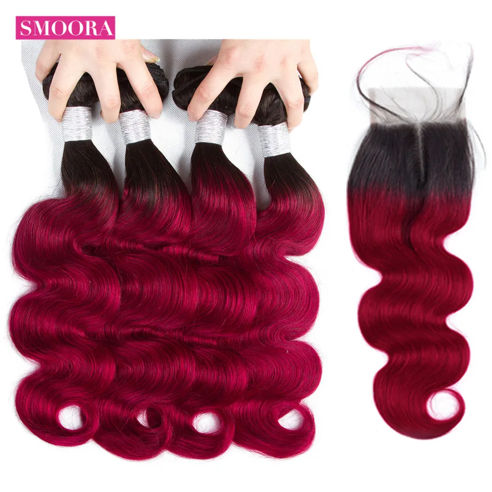 ombre hair 1b Burgundy body wave 4 bundle hair with closure