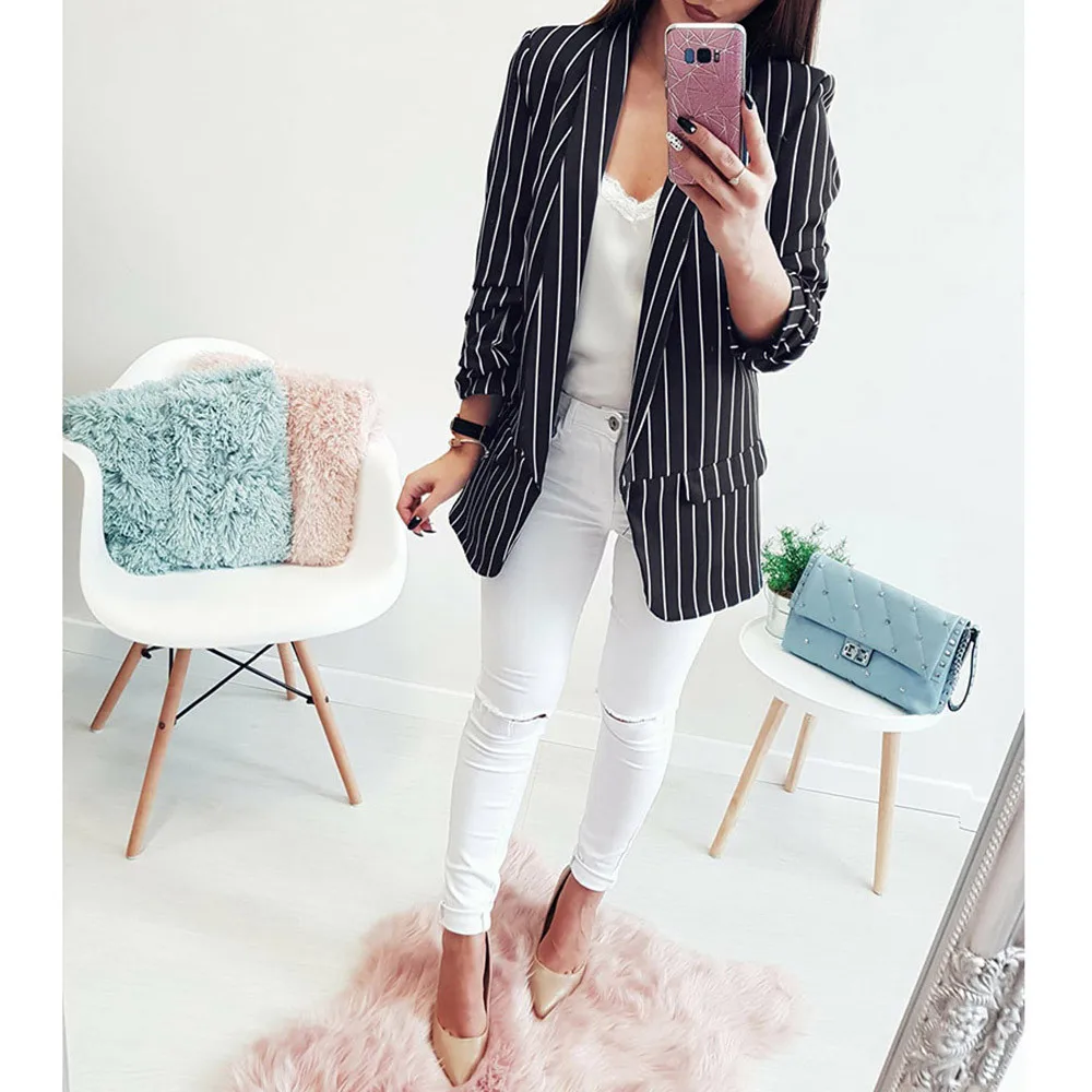 2018 Female New Fashion Stand Striped Coats Women Ladies Long Sleeve Striped Stylish Duster Jacket Coat high quality W510