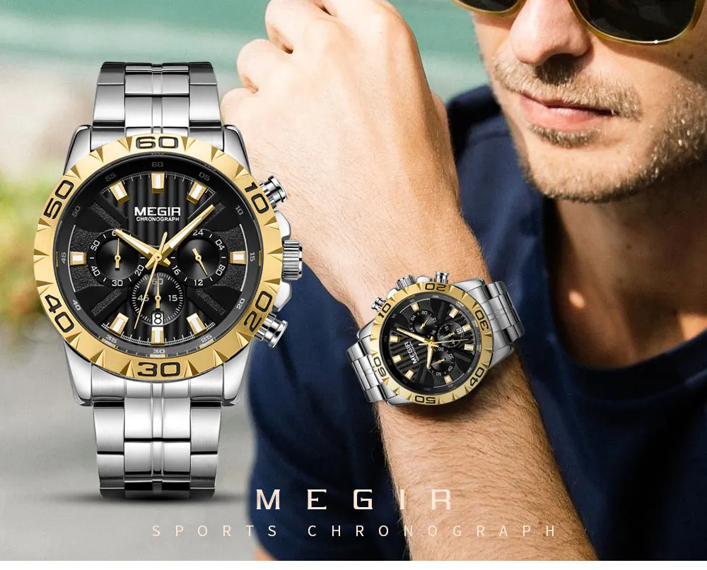 MEGIR мужские деловые кварцевые часы с хронографом, водонепроницаемые светящиеся армейские наручные часы, мужские часы, мужские часы, 2087 золото