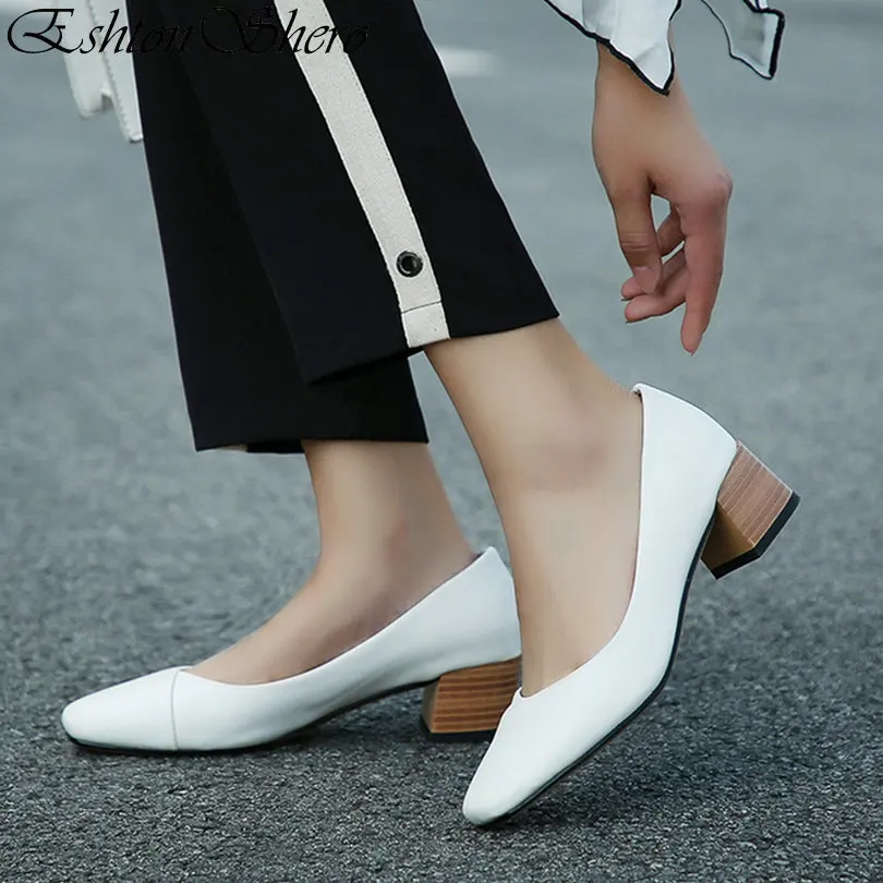 

EshtonShero Spring Women's Shoes Woman Pumps PU Leather Med Heels Square Toe 4.5CM Platform Ladies Wedding Shoes Size 3-12