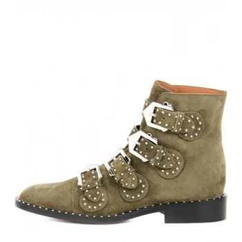 

Customized Green Suede Leather Buckle Strap Women Ridding Boots Round Toe Stacked Heel Ladies Motorcycle Boots Shoes Black Red