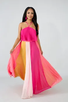 

New Design Sleeveless Off Shoulder Halter Fashion Print Pleated Bandage Sexy Women Dresses Two Piece Outfits