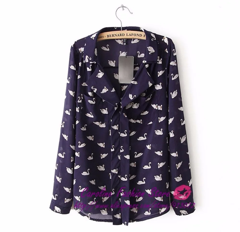 Женская блузка ST708 с длинным рукавом и отложным воротником синяя принтом в виде