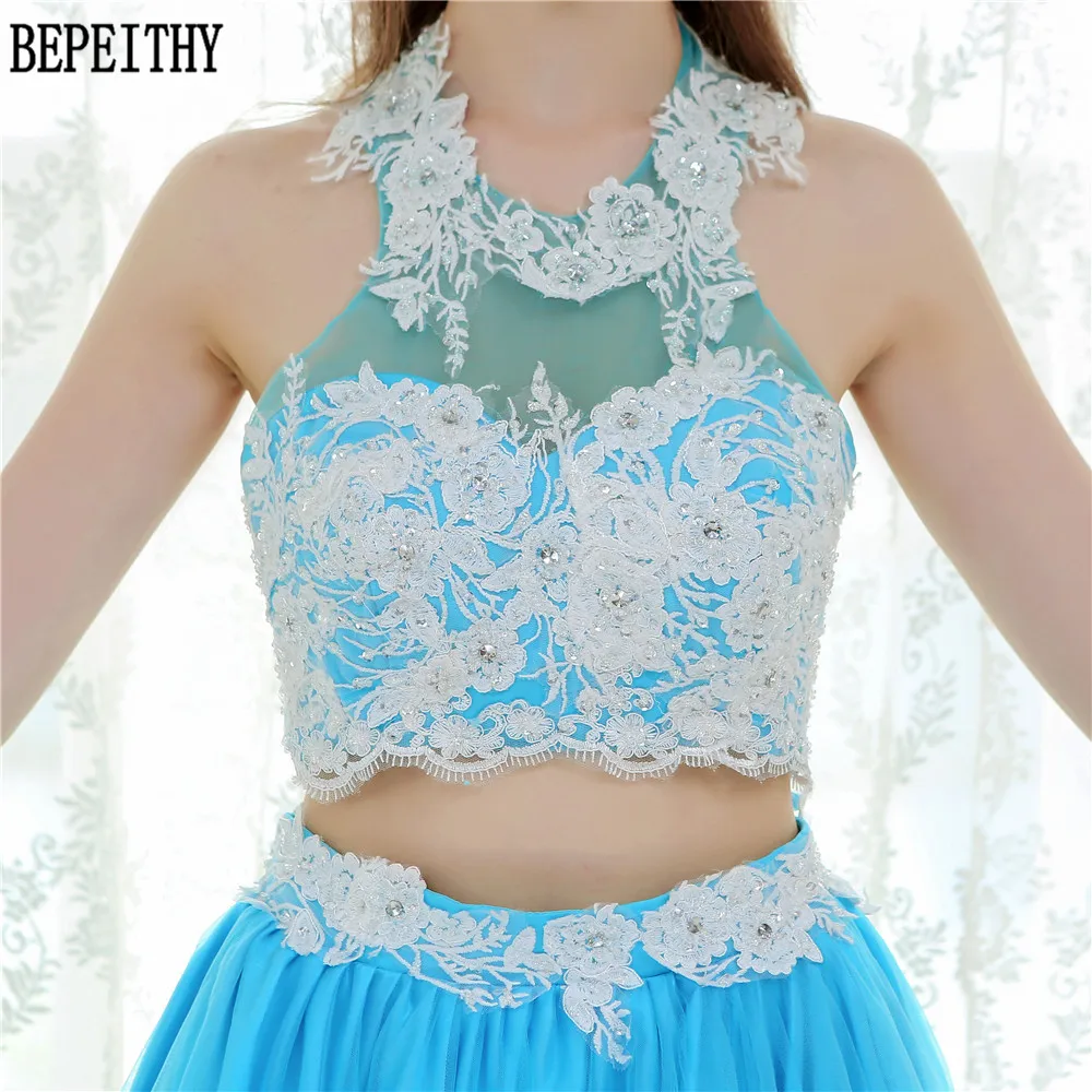 9   BEPEITHY New Design 2017 Long Two Pieces Prom Dresses Vestido De Festa Longo Lace Light Blue Tulle Prom Evening Party Dresses (6)