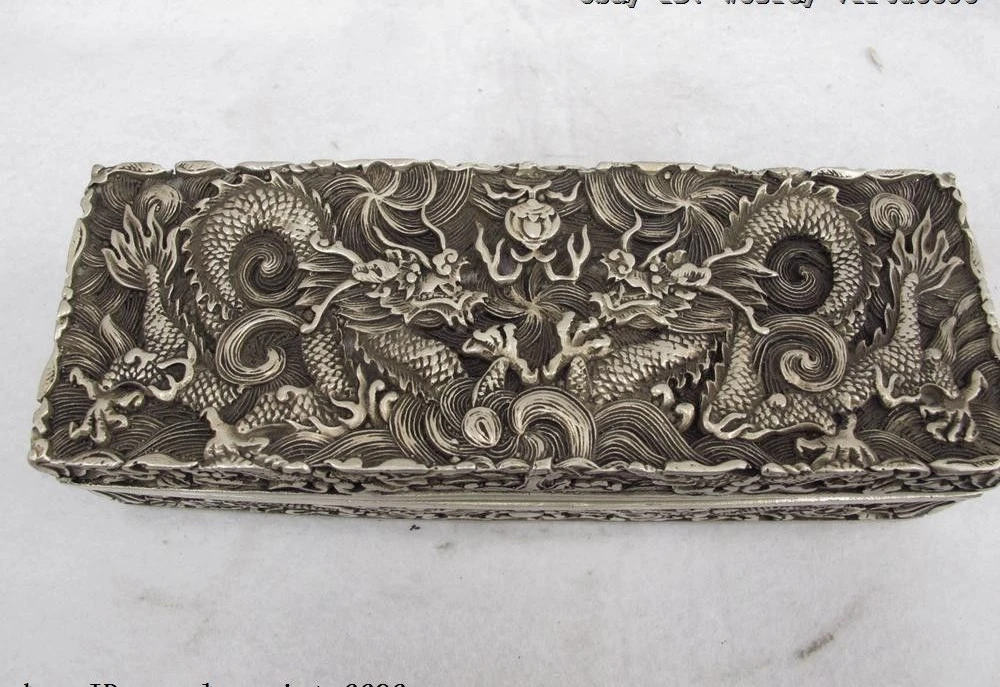  2 palais Royal chinois blanc cuivre argent deux Dragon jouer perle boîte à bijoux