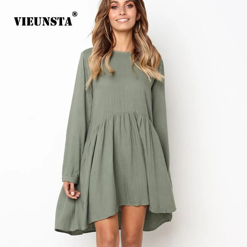 

VIEUNSTA 2018 Loose Back Button Autumn Pleated Dress Women Casual O Neck Long Sleeve Mini Dress Solid Summer Beach Dresses Femme