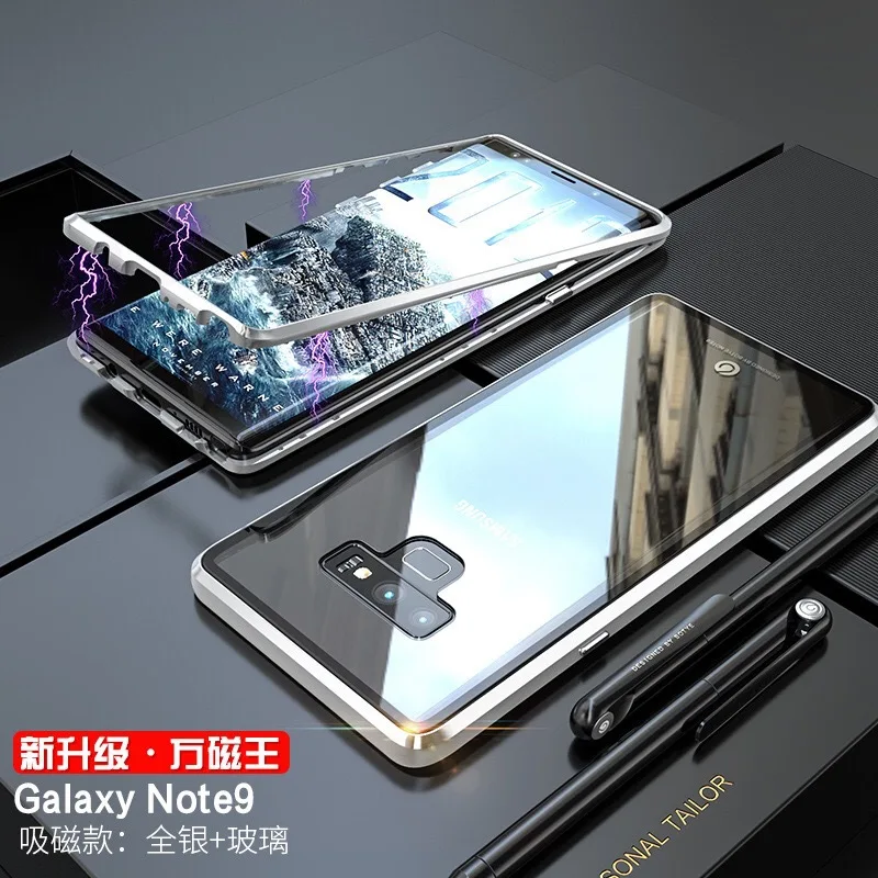Silver Чехол для iPhone XR XS MAX Магнитная Адсорбция полное покрытие металлическая рамка+ закаленное стекло для samsung Note 9 Note 8 чехол - Цвет: Silver