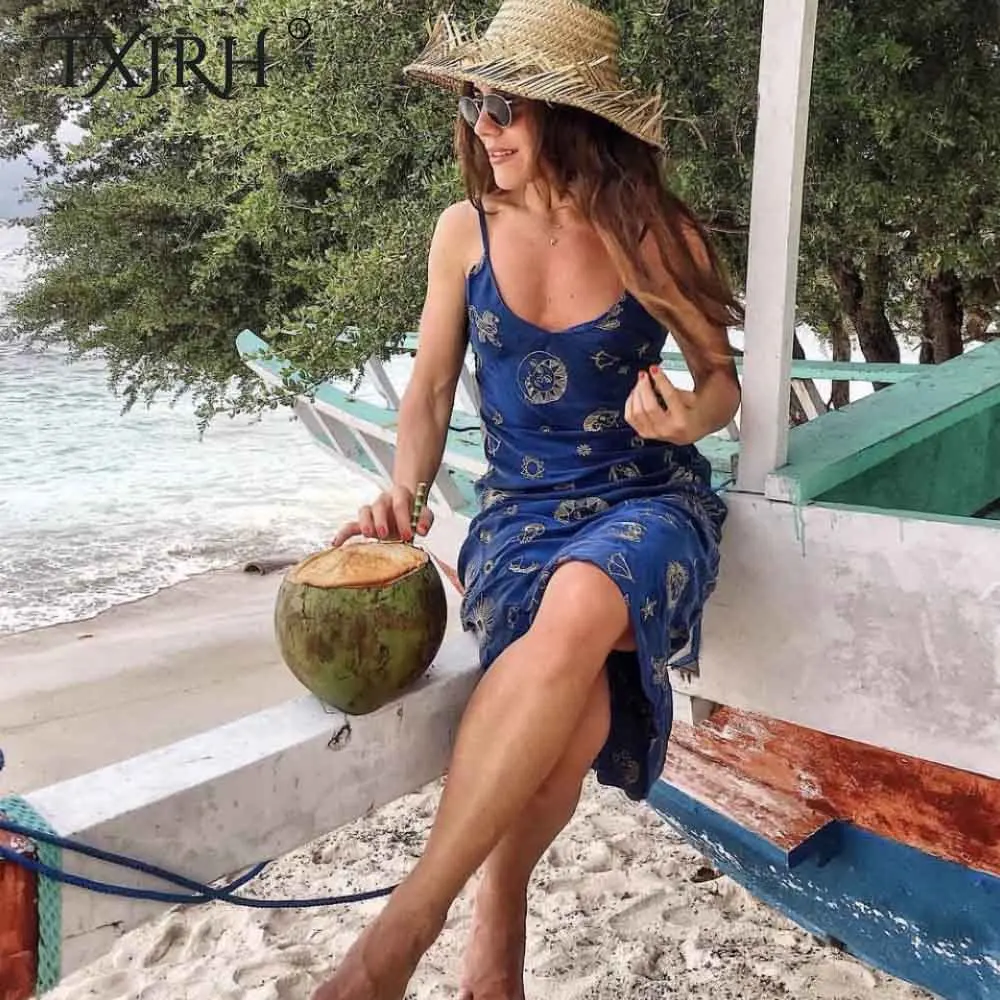 Skup TXJRH Sexy słońce konstelacji druku głębokie dekolt w serek imitacja satyny pakiet Hip paski spaghetti Backless plaża Mini sukienka Vestidos