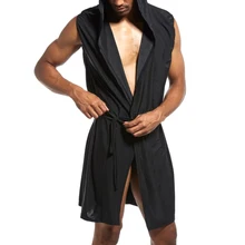 Мужской Халат с капюшоном тонкий кардиган-безрукавка дышащая Домашняя одежда с поясом NFE99