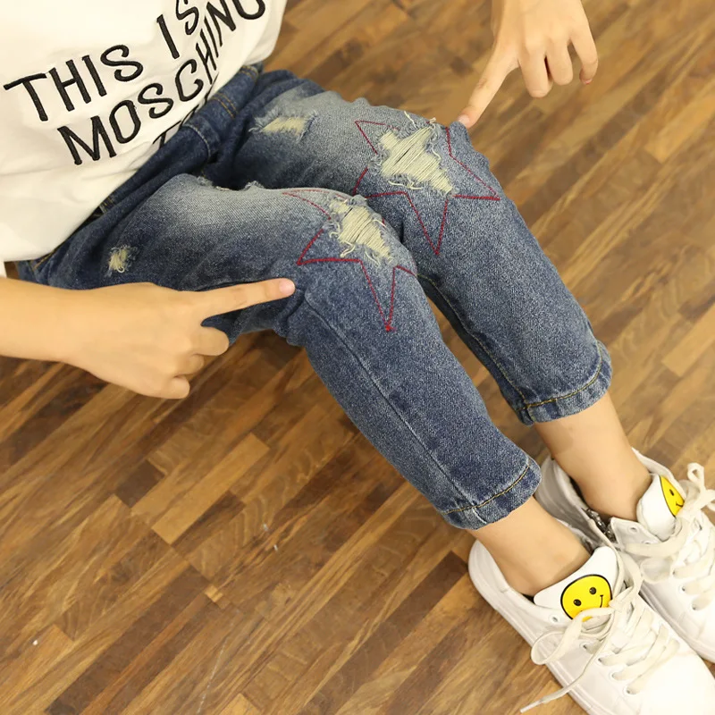 

Autumn Girl Jeans New Girl Five-pointed Star Cat's Whisker Holes Pure Cotton Korean Fashion Kids Pants
