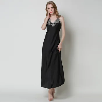 

[Lakysilk]V-Neck Sexy Lace Nightgowns for Women Sleeveless Silk Satin Summer Night Dress Female Solid Black Long Dress M-2XL