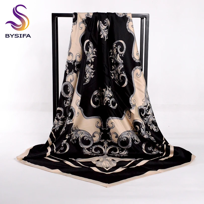 

[BYSIFA] Women Black Beige Square Scarves New Floral Design Matt Satin Silk Scarf Shawl Autumn Winter Neck Head Scarf 100*100cm
