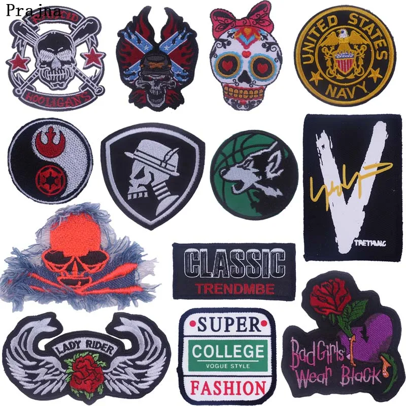 

Prajna Punk Rock Skull Patches DIY Embroidery Sewing Iron on Badge Patch for Clothing Jacket Hippie Off Fashion Stickers Decor F