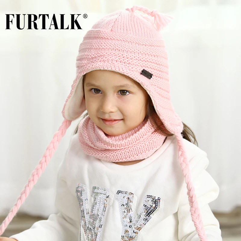 FURTALK детские зимние шапки с ушками для девочек и мальчиков, шапка с помпоном, шарф, комплект для малышей, детские шапки с вязаными ушками, розовая, белая, черная шапка