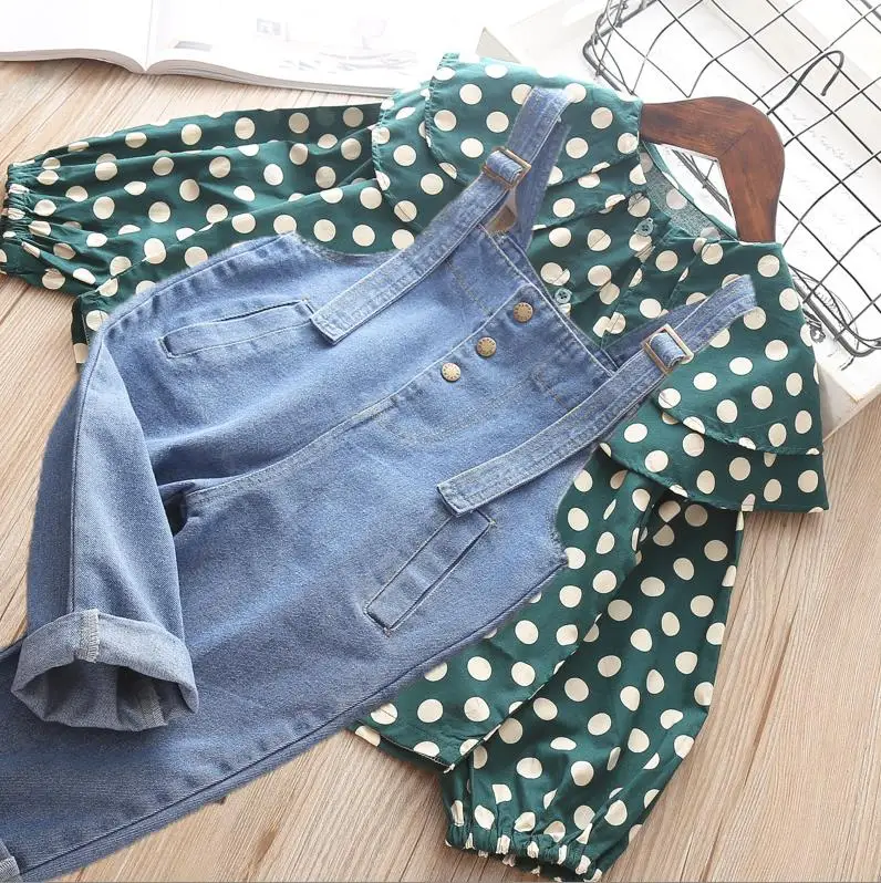 Children girls Clothing set outfits Fashion suit for girls Autumn Spring Kids cotton shirt+ jeans 2 piececs Clothes 4 5 6 years - Цвет: green clothes set