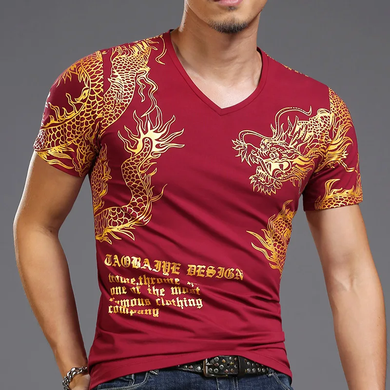 

Chinese Style Gold Dragon Pattern Short-sleeve Men's Workout T-shirt Lycra Cotton Harajuku Streetwear Slim Casual Tees Tops